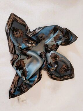 100% Silk Blue Brown Scarf Floral Leaves by Sophisticate 21" x 20" Square Medium